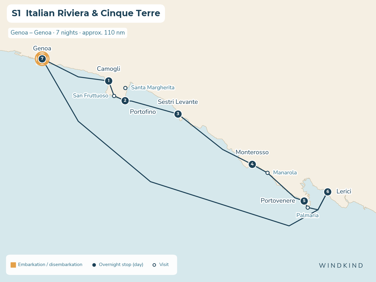 Route map S1: Italian Riviera & Cinque Terre