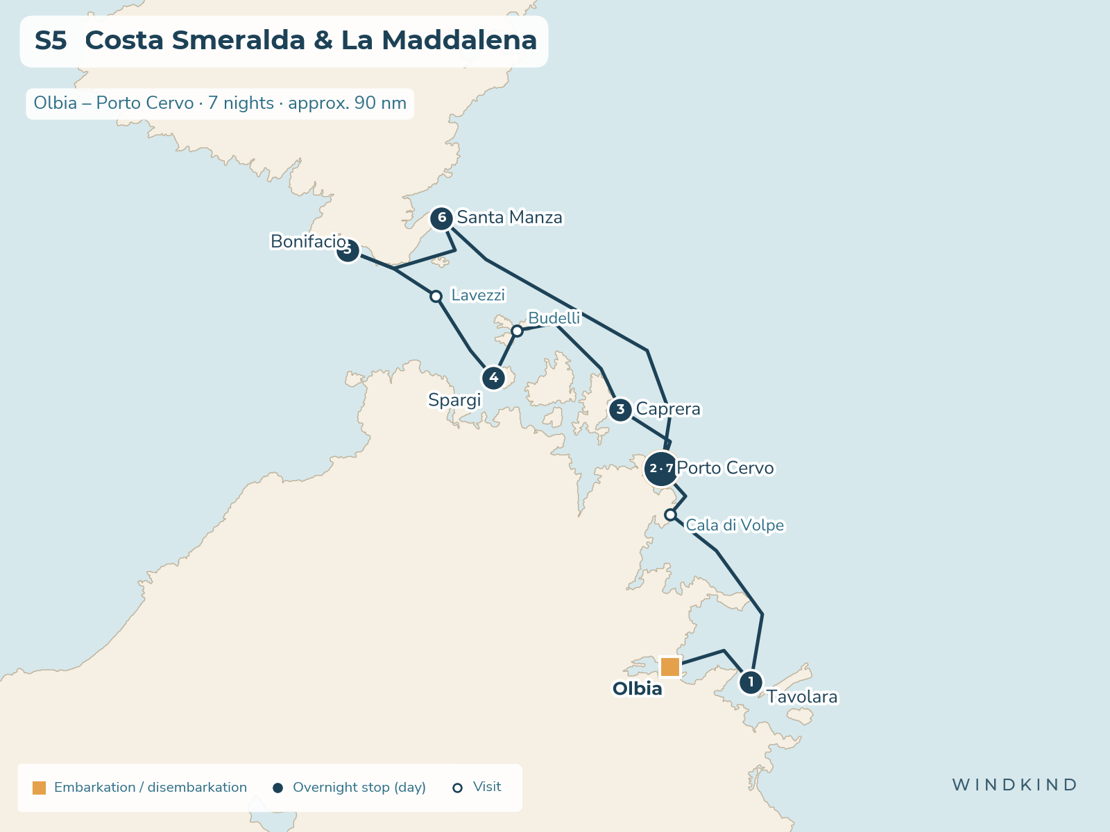 Route map S5: Costa Smeralda & La Maddalena