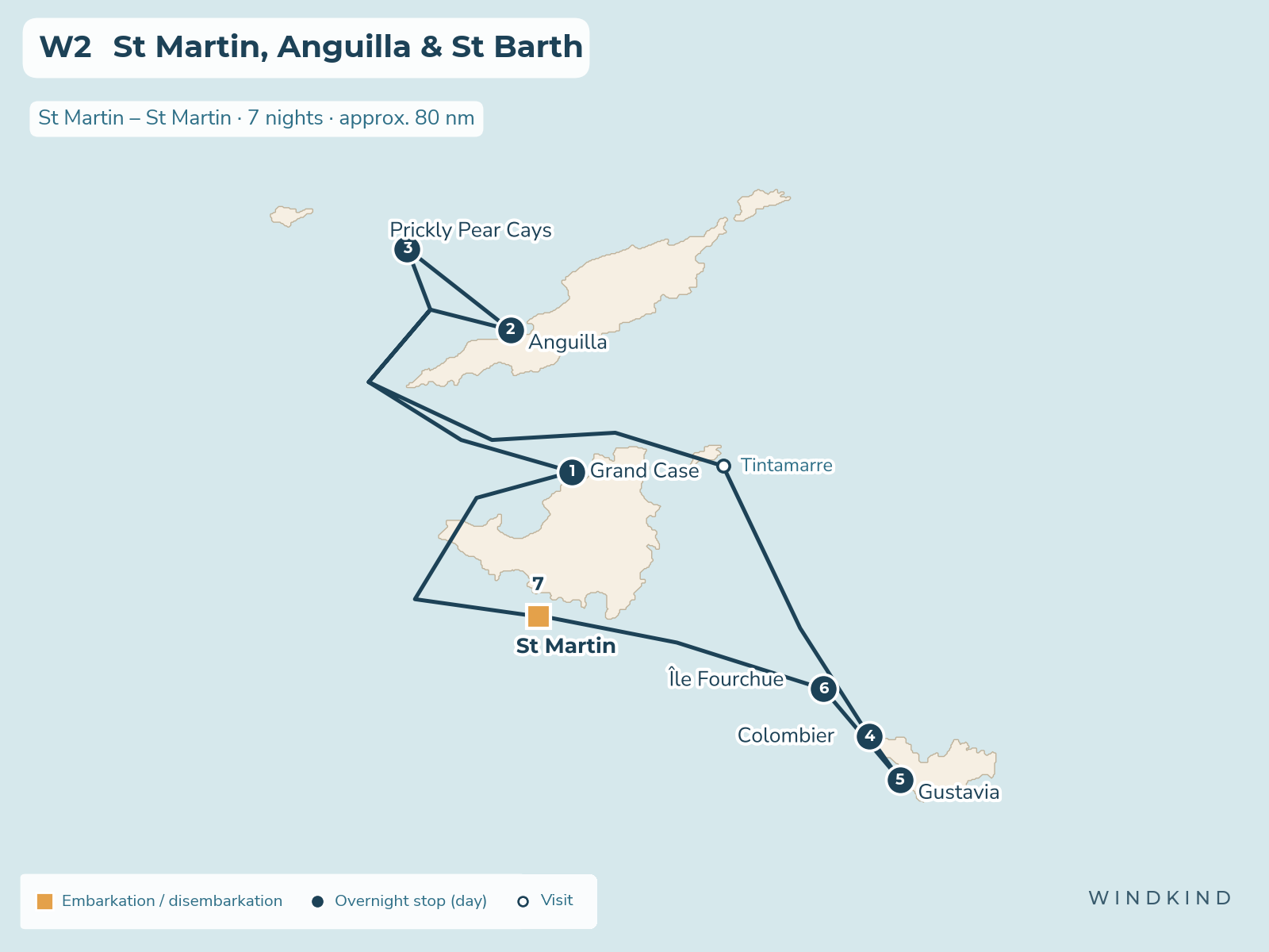 Route map W2: St Martin, Anguilla & St Barth