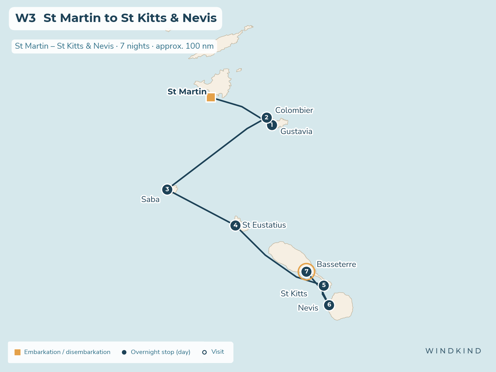Route map W3: St Martin to St Kitts & Nevis