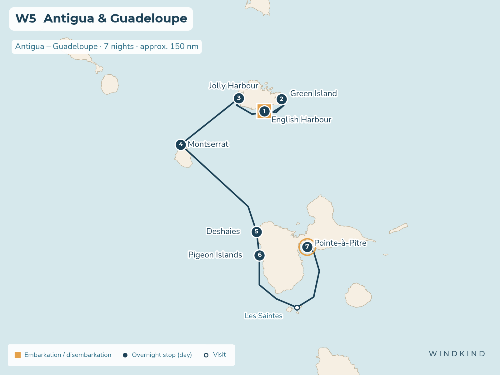 Route map W5: Antigua & Guadeloupe