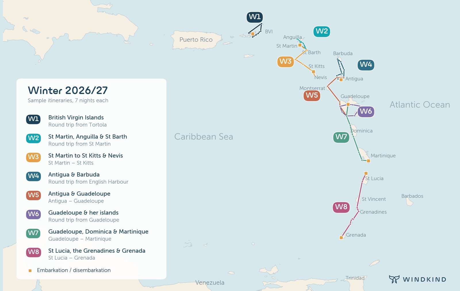 Overview map of the Eastern Caribbean with the eight winter sample itineraries W1 to W8, from the British Virgin Islands to Grenada