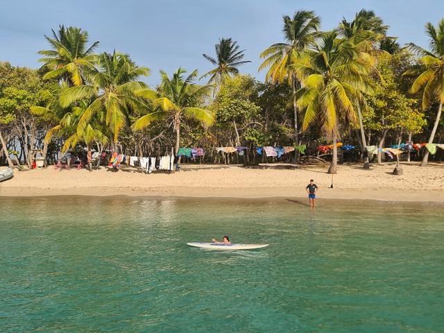 Palm-fringed beach at Carnash Bay, Mayreau, with a paddleboarder in clear water