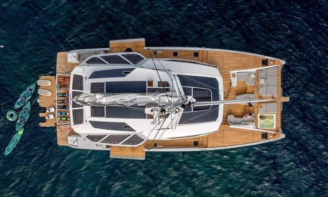 Top view of WINDKIND at anchor with water toys